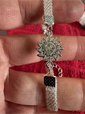 Silver Sunburst Charm Multi-Chain Bracelet with Black Accent